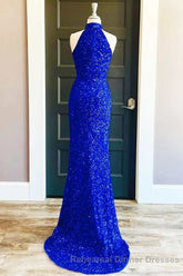 Blue Sequin Halter Long Semi Formal Prom Dress with Slit